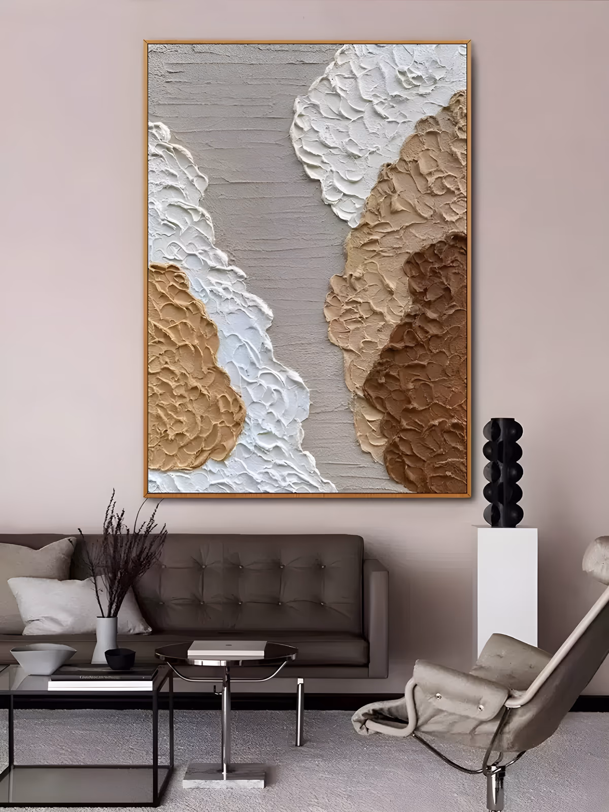 a large vertical relief painting of thick plaster shapes in white, tan and warm brown curving in from both sides like sand banks, leaving a pale grey channel down the middle, in heavy sculpted texture