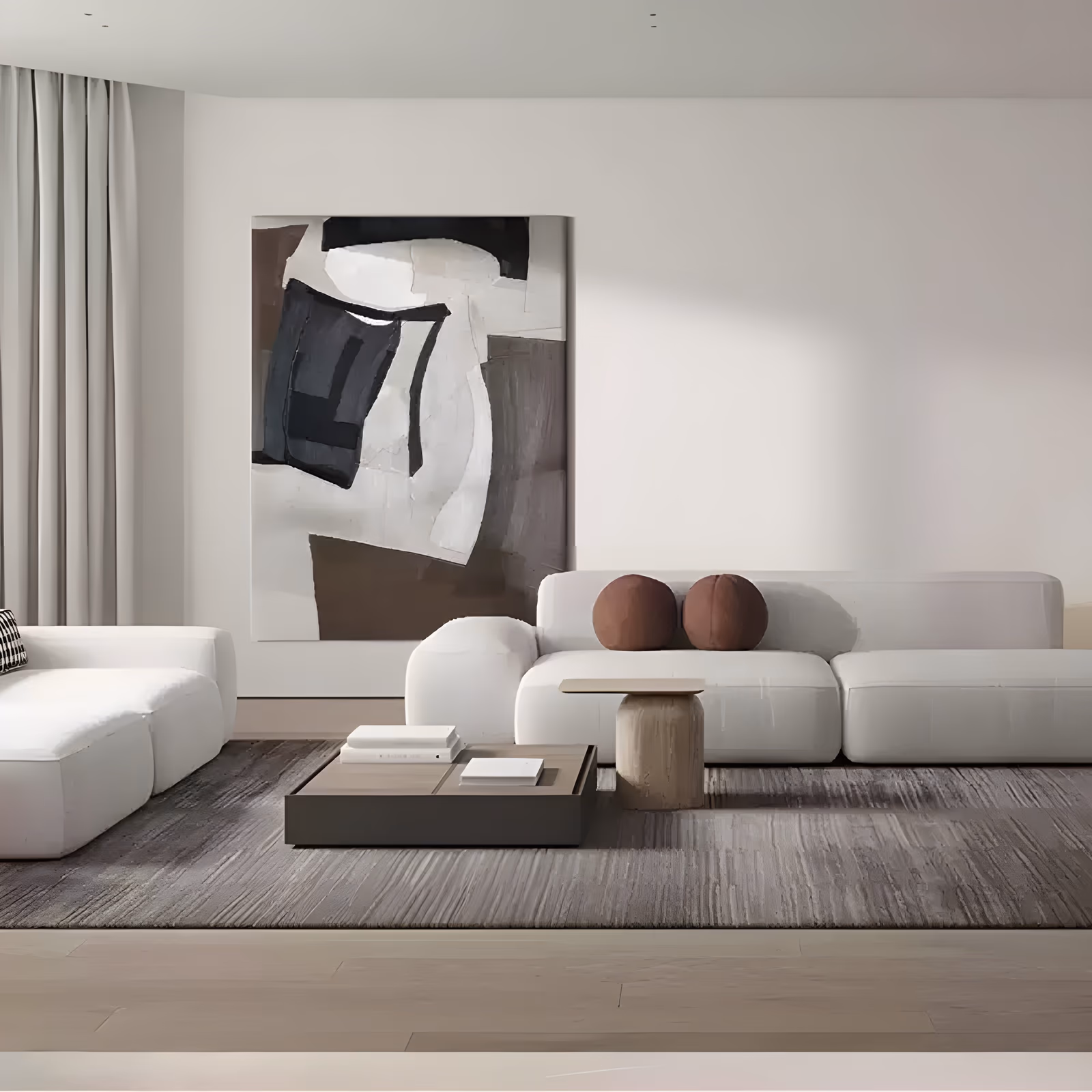 a large vertical abstract painting of layered black, white and brown shapes, with a black block at upper left, an off-white form in the center and a brown wedge at the bottom over a gray field, in flat matte acrylic