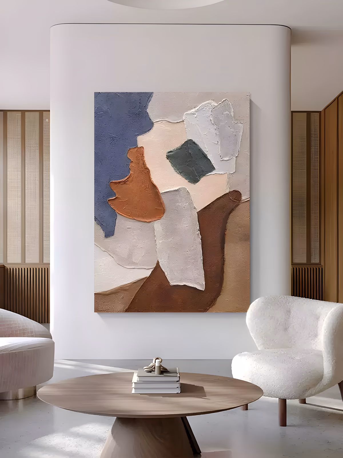a large vertical textured abstract painting of raised plaster shapes in slate blue, rust terracotta, dark teal, white and chocolate brown layered on a cream ground, built in thick sculpted relief