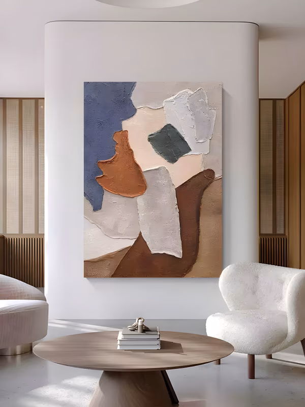 a large vertical textured abstract painting of raised plaster shapes in slate blue, rust terracotta, dark teal, white and chocolate brown layered on a cream ground, built in thick sculpted relief
