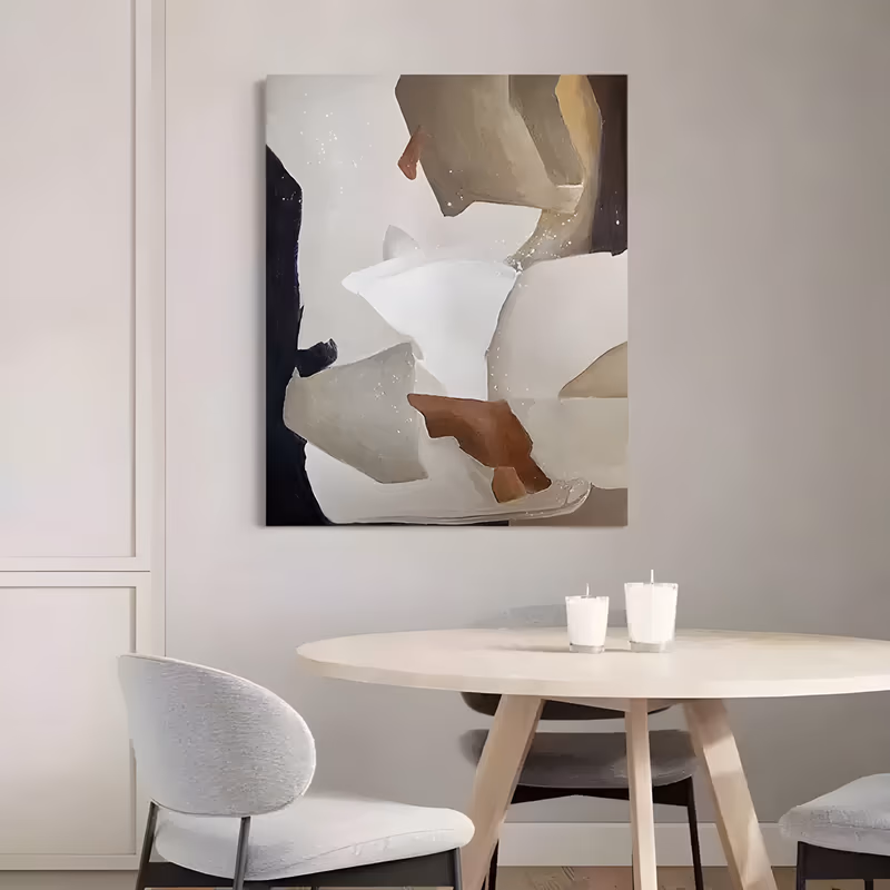 a large vertical minimalist painting of soft overlapping shapes in cream, warm taupe and rust red beside a black wedge on the left, edges left soft and hand-brushed, in matte acrylic with fine white speckles