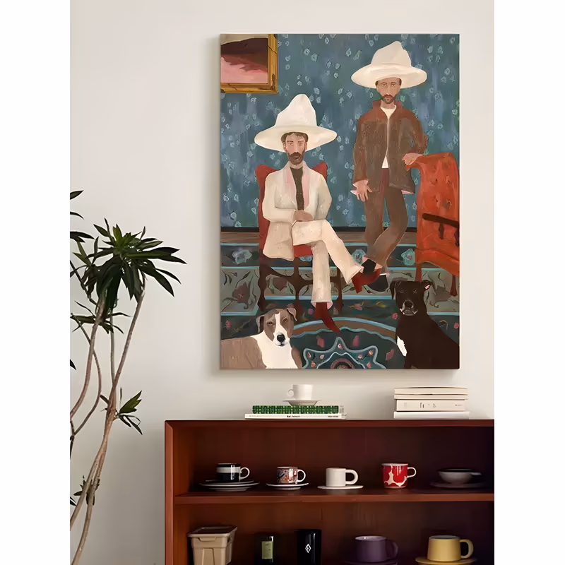 a large vertical folk-art portrait of two bearded men in wide white hats, one seated in a red armchair and one standing, with a brindle dog and a black dog at their feet in a teal patterned room, in matte oil