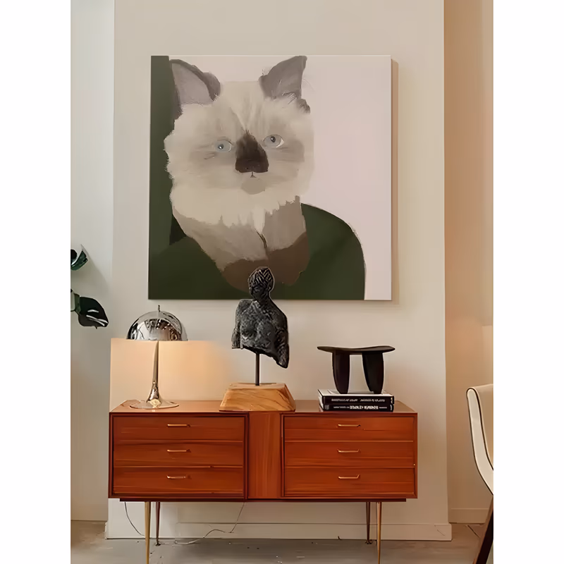 a large square minimalist painting of a fluffy ragdoll cat with cream fur, dark ears and blue eyes, wearing a dark green sweater, shown head and shoulders on an off-white background, in soft flat hand-painted acrylic
