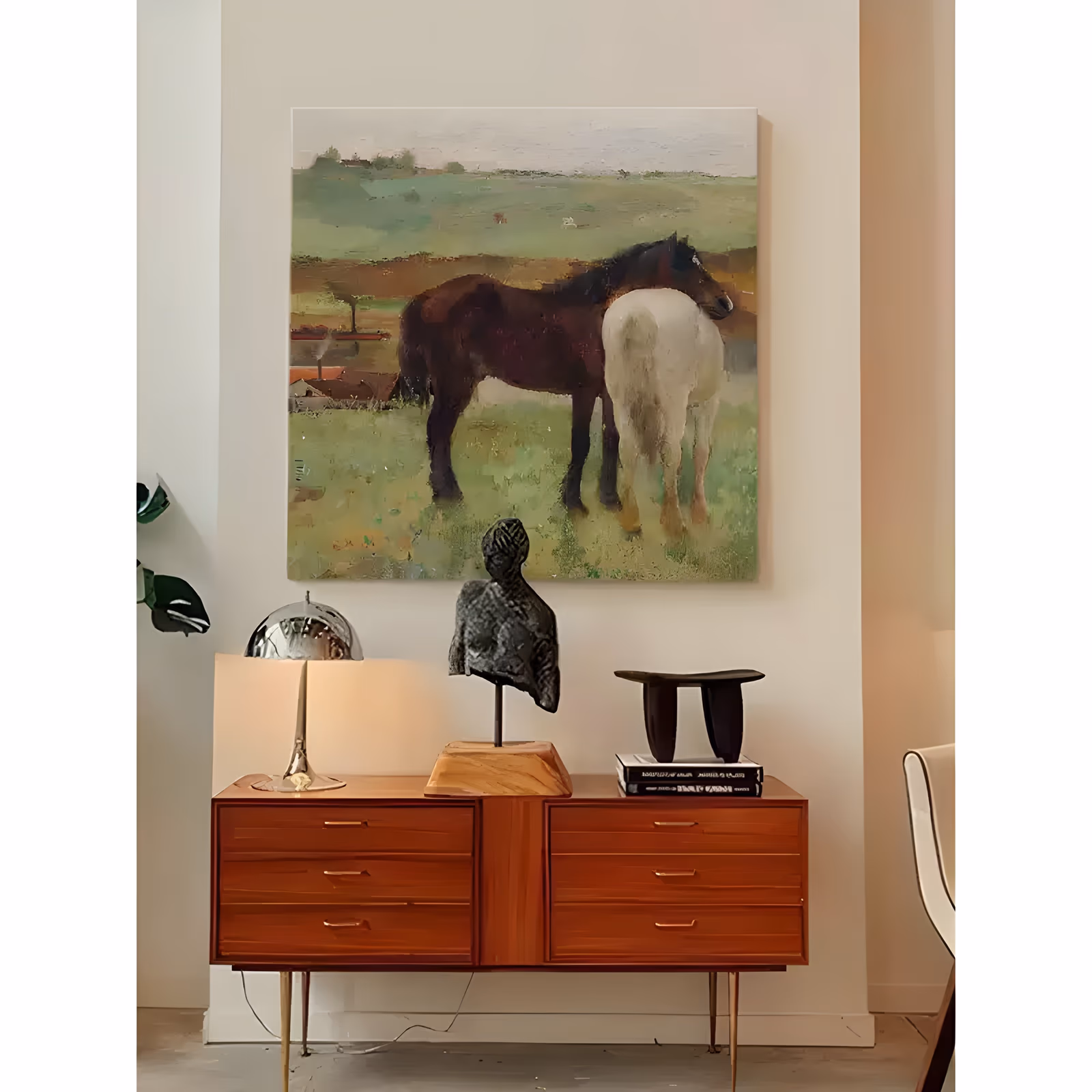 a large square impressionist painting of a dark bay horse and a white horse standing together in a green pasture, low farm buildings and hills behind them under a pale sky, in soft dry-brushed oil