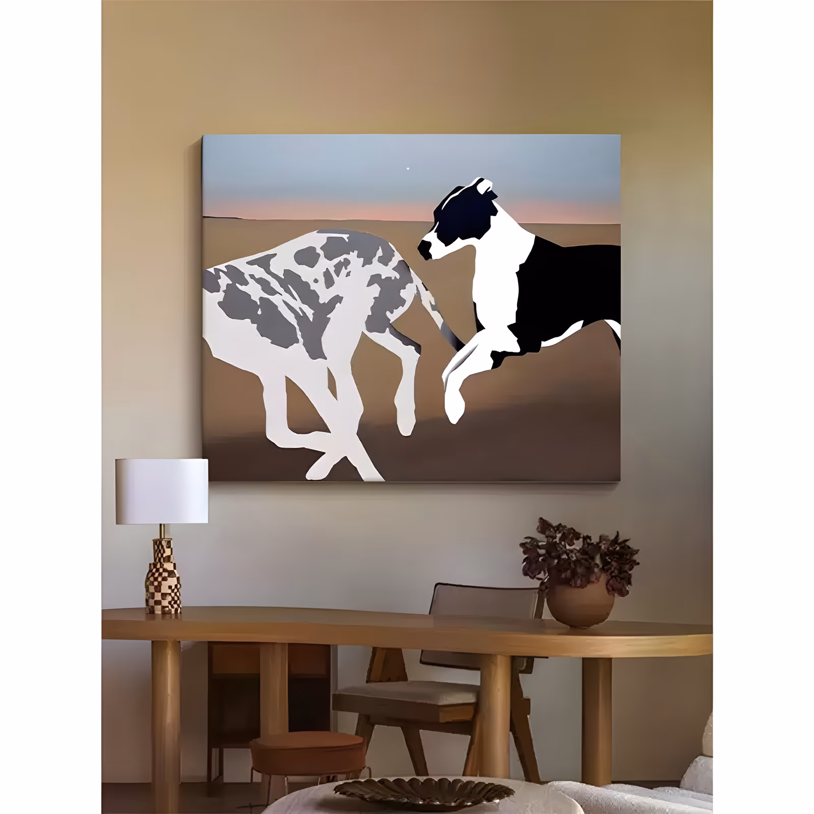 a large horizontal minimalist painting of two greyhounds running on brown sand at dusk, one white with gray patches on the left and one black and white leaping on the right, under a pale blue sky, in flat matte acrylic