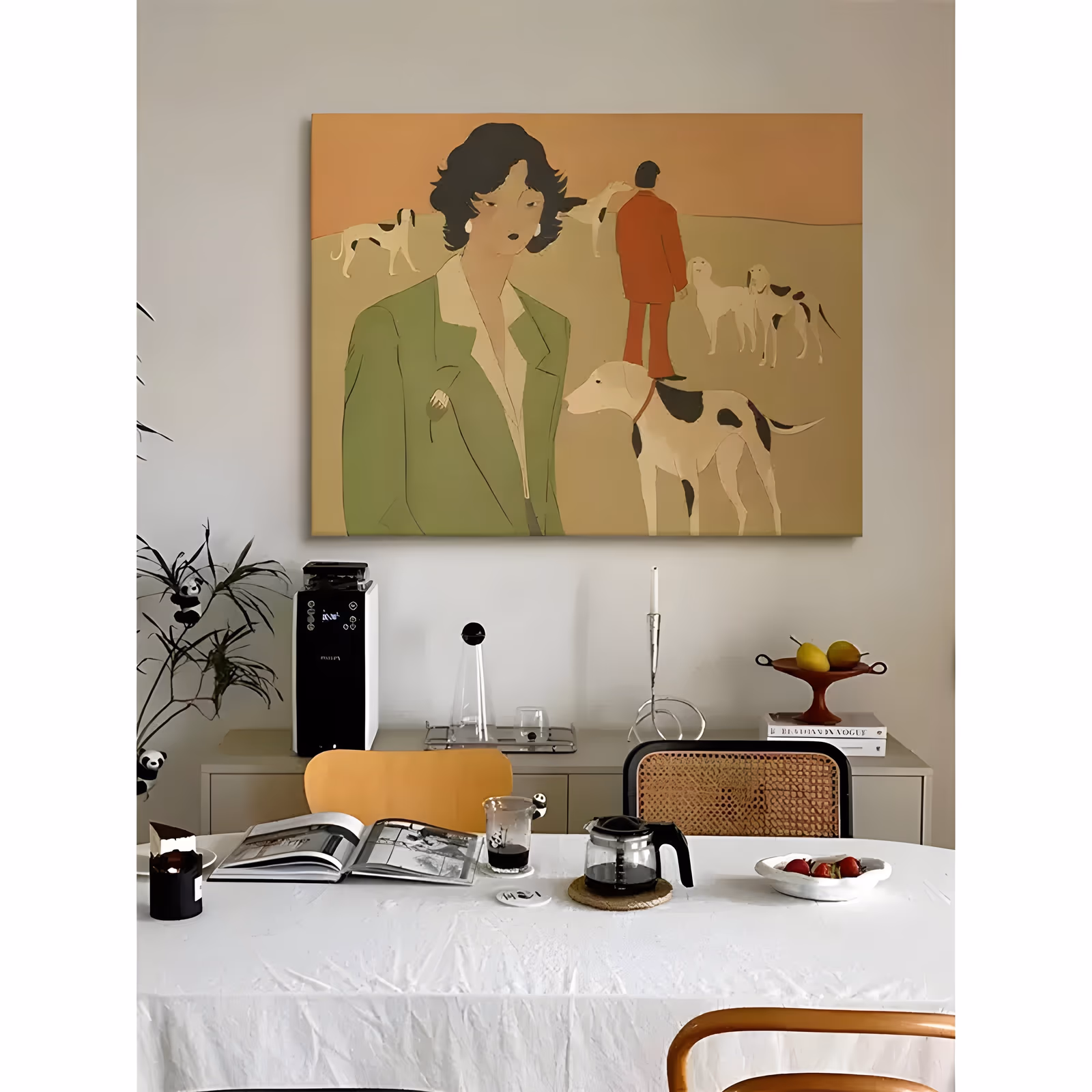 a horizontal flat illustrative painting of a dark-haired woman in a sage green jacket at the left, a man in a red-orange suit walking pointer hounds on a tan field behind her, under a peach sky, in matte acrylic