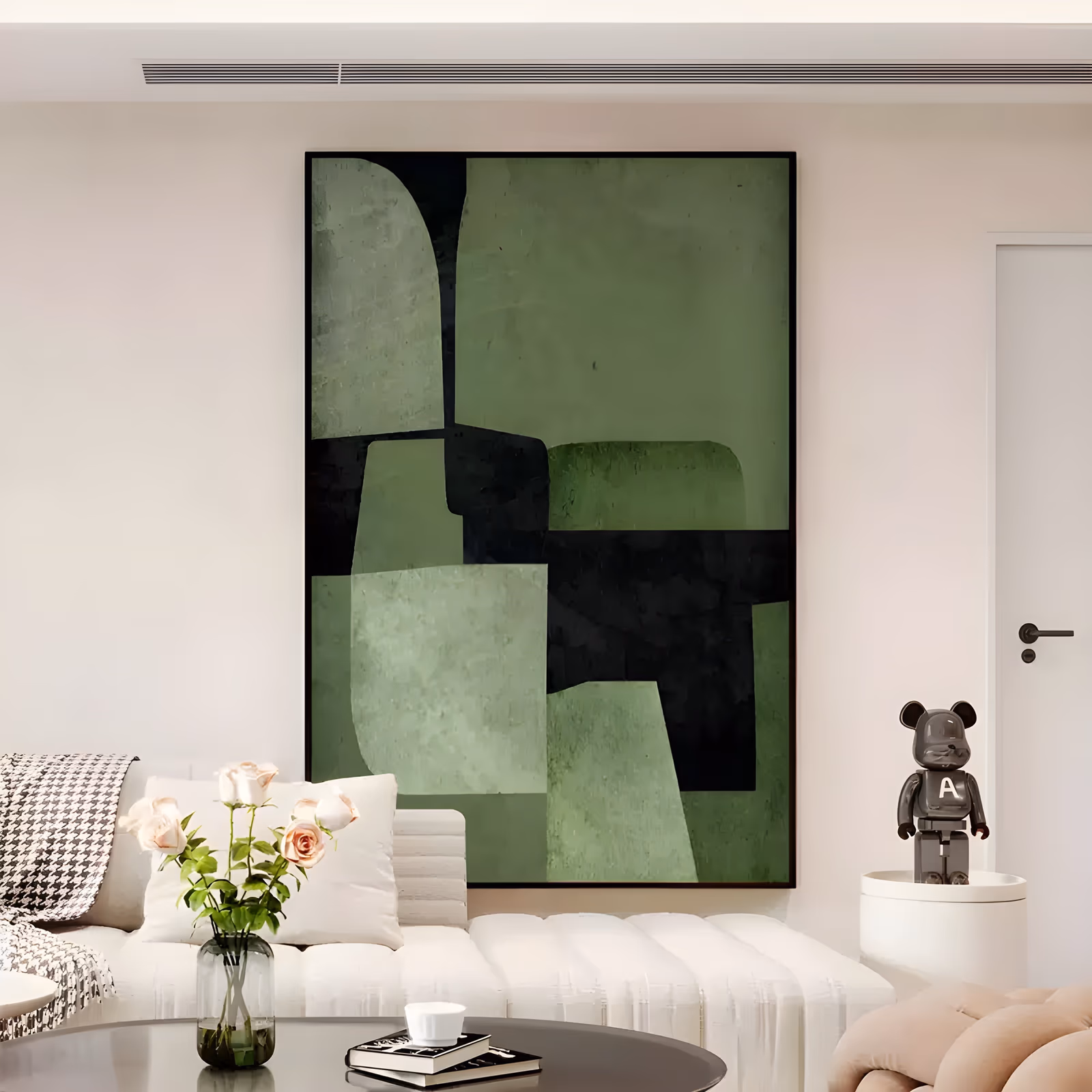 a large vertical abstract painting of interlocking sage green, olive and black geometric blocks with rounded corners, stacked in a loose grid, in flat chalky matte acrylic
