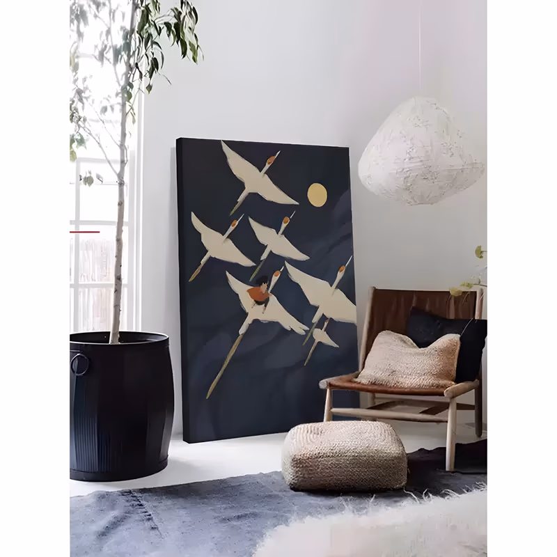 a large vertical minimalist painting of five white cranes flying upward at night with a small child in a red top seated on one bird's back, a pale yellow full moon behind them, in flat matte paint