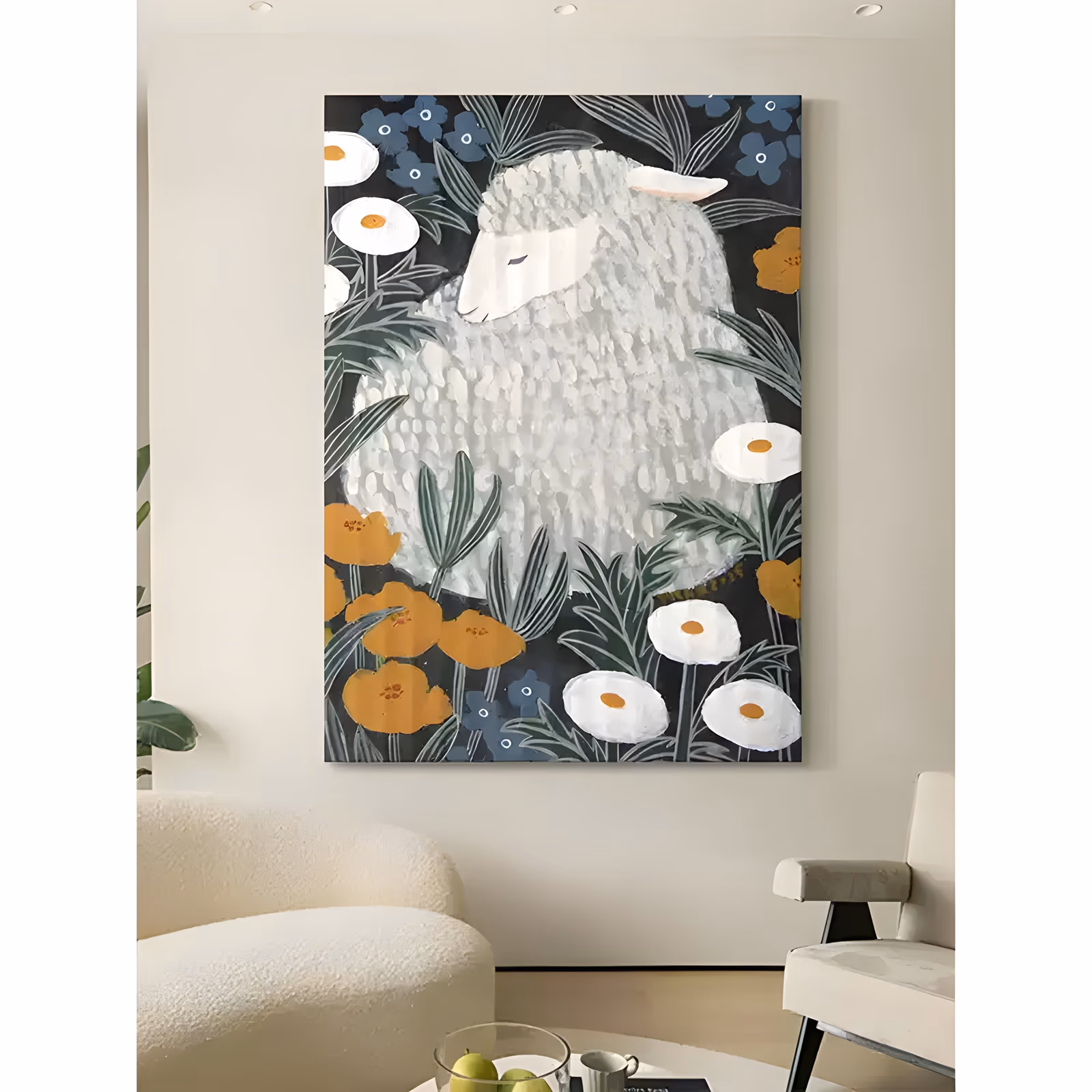 a large vertical folk painting of a white sheep curled among white daisies with orange centers, orange poppies and small blue flowers on a dark navy ground, worked in soft dabbed acrylic