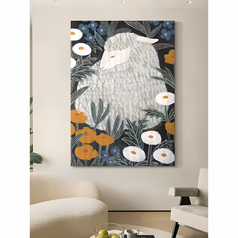 a large vertical folk painting of a white sheep curled among white daisies with orange centers, orange poppies and small blue flowers on a dark navy ground, worked in soft dabbed acrylic