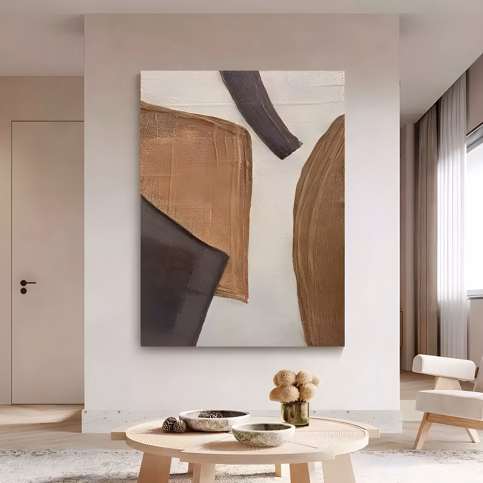a large vertical minimalist painting of four thick caramel and dark brown arc and slab shapes set near the edges of a cream ground, leaving an open center, in heavy palette-knife impasto