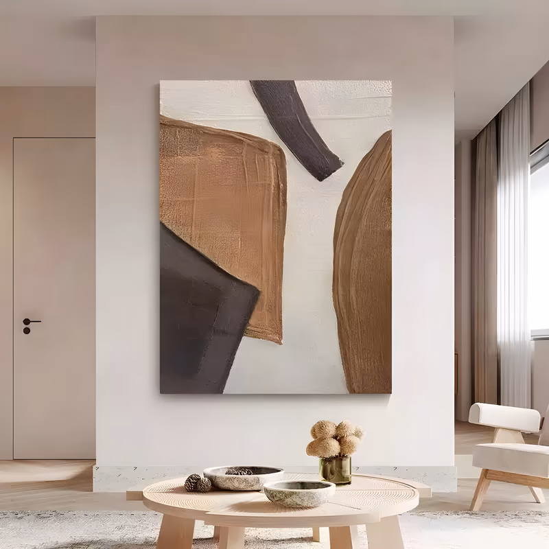 a large vertical minimalist painting of four thick caramel and dark brown arc and slab shapes set near the edges of a cream ground, leaving an open center, in heavy palette-knife impasto