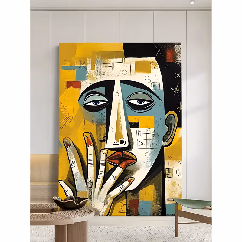 a large vertical cubist portrait painting of a stylized face in cream and pale teal with heavy black outlines, one hand raised to red lips, set on blocks of mustard yellow and black, in flat acrylic