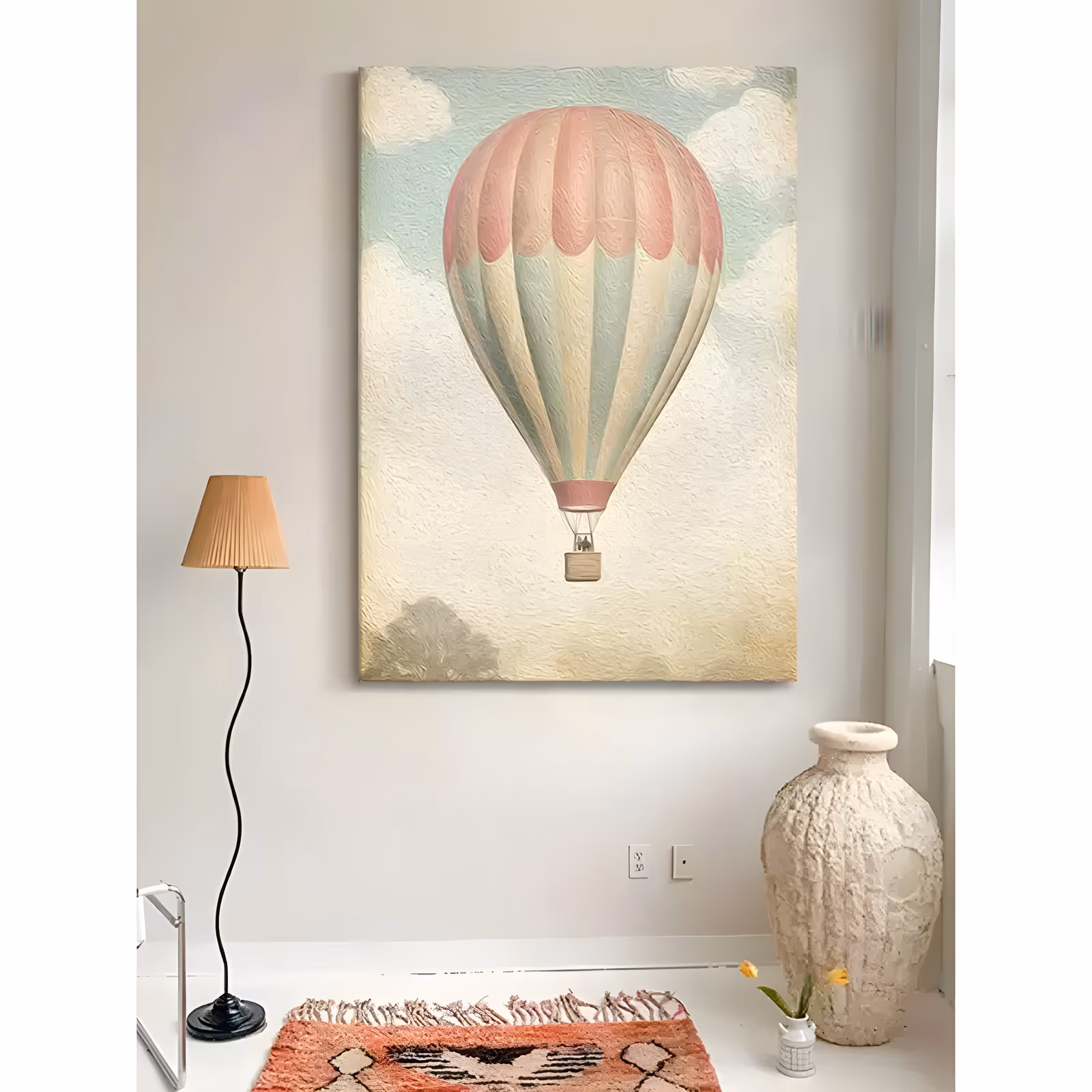 a large vertical painting of a pastel striped hot air balloon with a dusty pink crown and a woven basket, drifting in a soft cream and pale blue cloudy sky, in lightly ridged impasto