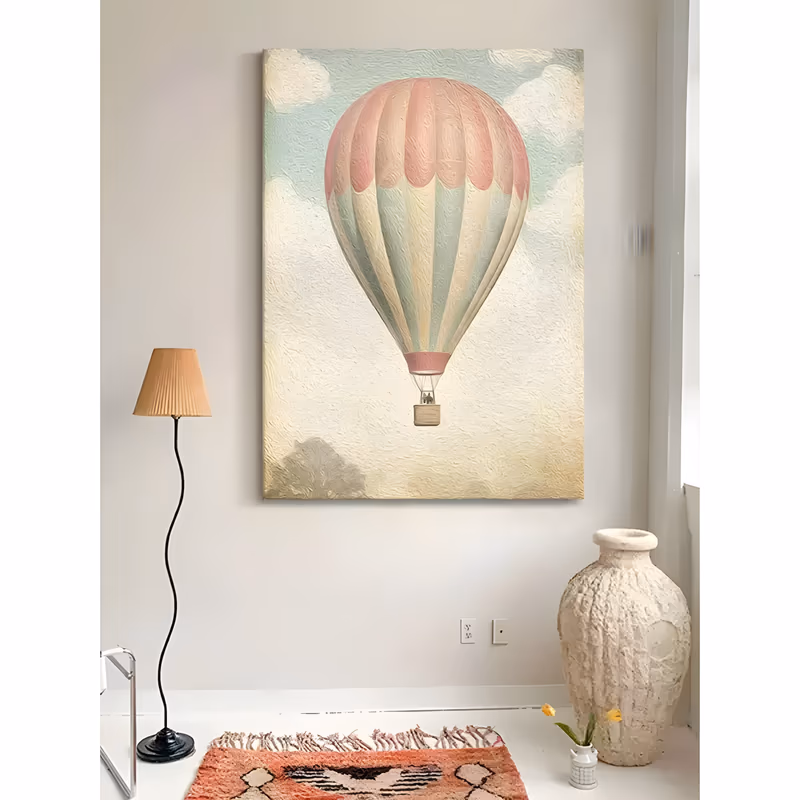 a large vertical painting of a pastel striped hot air balloon with a dusty pink crown and a woven basket, drifting in a soft cream and pale blue cloudy sky, in lightly ridged impasto