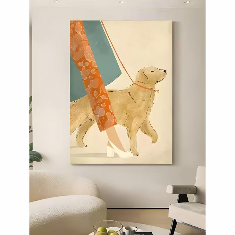 a large vertical minimalist painting of a golden retriever walking on an orange leash beside a woman's legs in an orange floral dress and white block heel, on a soft cream ground in flat hand-painted color