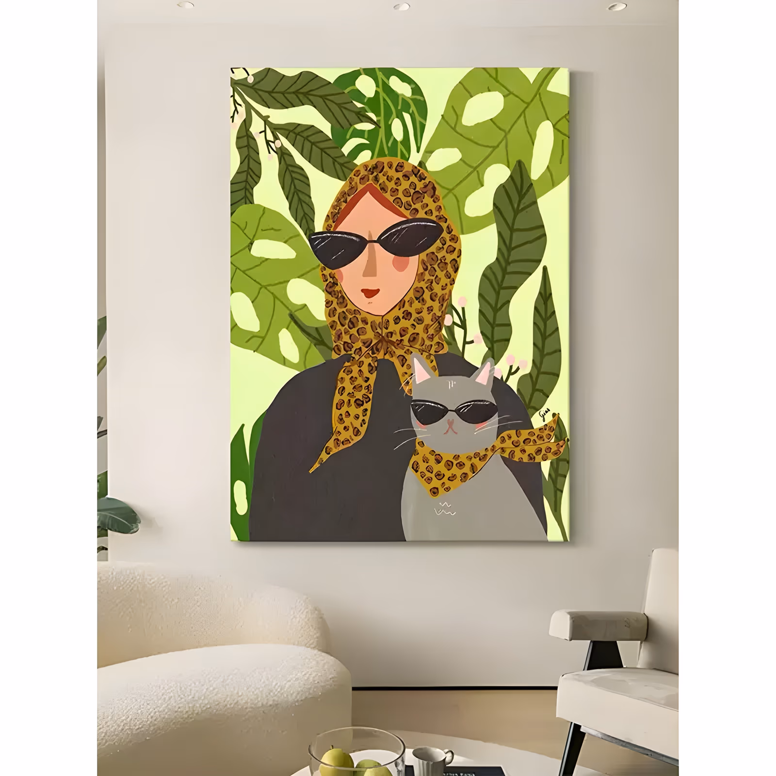 a large vertical illustrative painting of a woman in a leopard print headscarf and black sunglasses beside a gray cat in a matching scarf and shades, on a lime green ground with monstera leaves, in flat acrylic