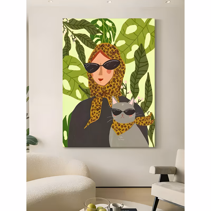 a large vertical illustrative painting of a woman in a leopard print headscarf and black sunglasses beside a gray cat in a matching scarf and shades, on a lime green ground with monstera leaves, in flat acrylic