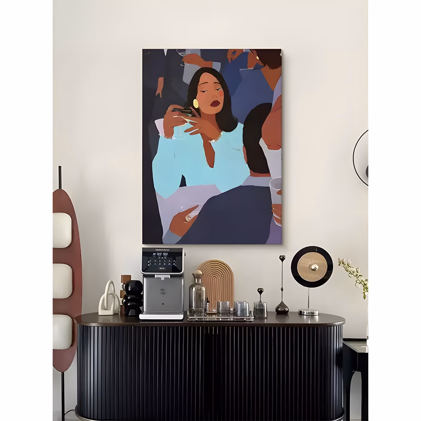 a large vertical graphic painting of a dark-haired woman in an aqua blouse at the center, eyes closed and a wine glass raised to her chin, ringed by navy and mauve party figures, in flat matte acrylic