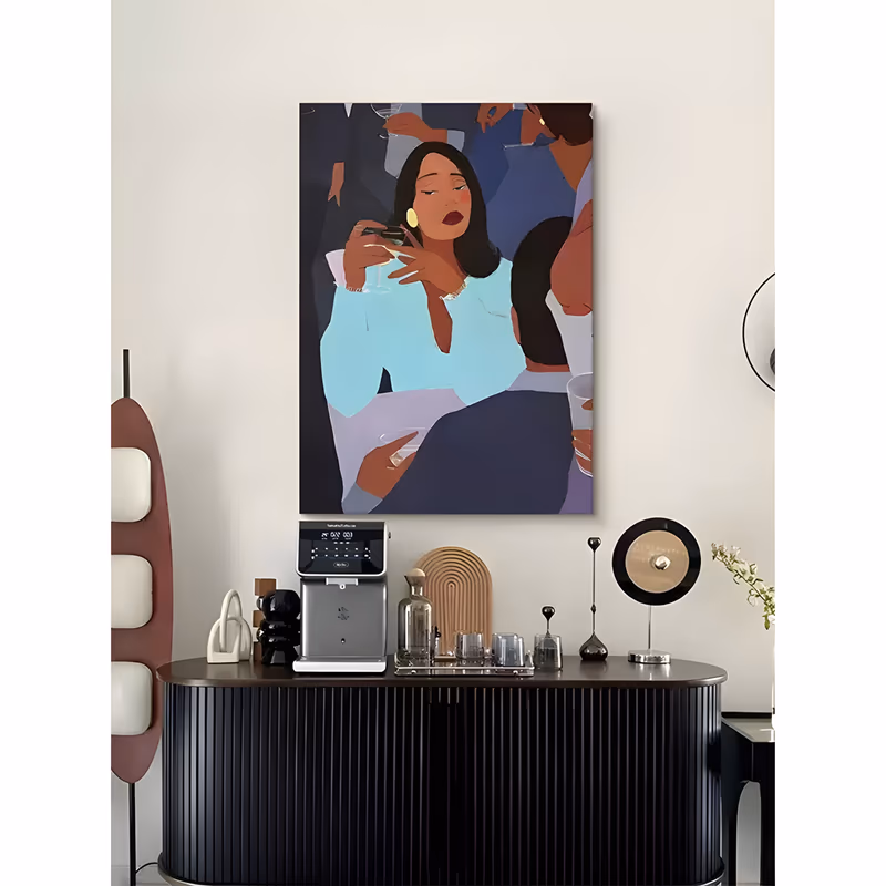 a large vertical graphic painting of a dark-haired woman in an aqua blouse at the center, eyes closed and a wine glass raised to her chin, ringed by navy and mauve party figures, in flat matte acrylic