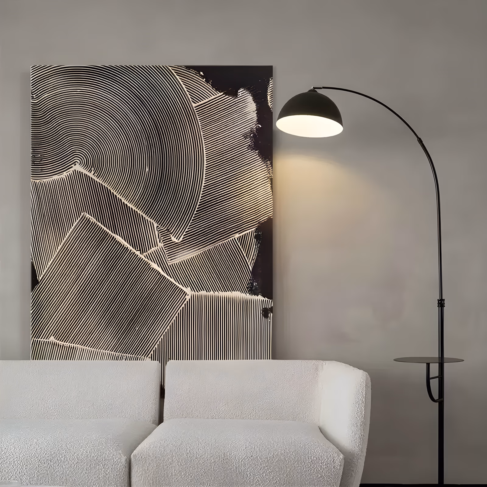 a large vertical textured canvas of cream combed-line relief, a broad fan of concentric arcs in the upper left ringed by angled plates of straight ridges, with black ground showing along the right edge