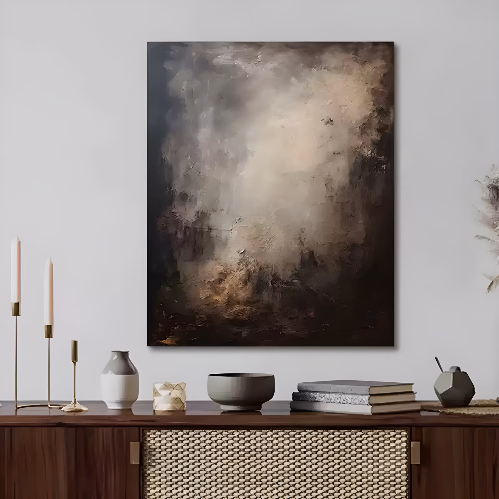 a large vertical abstract painting of a pale cream mist glowing at the center while dark brown and black shadow crowds the edges, worked in thick palette-knife impasto with a gritty scraped lower edge
