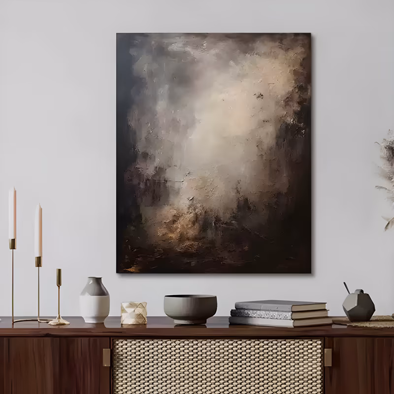 a large vertical abstract painting of a pale cream mist glowing at the center while dark brown and black shadow crowds the edges, worked in thick palette-knife impasto with a gritty scraped lower edge