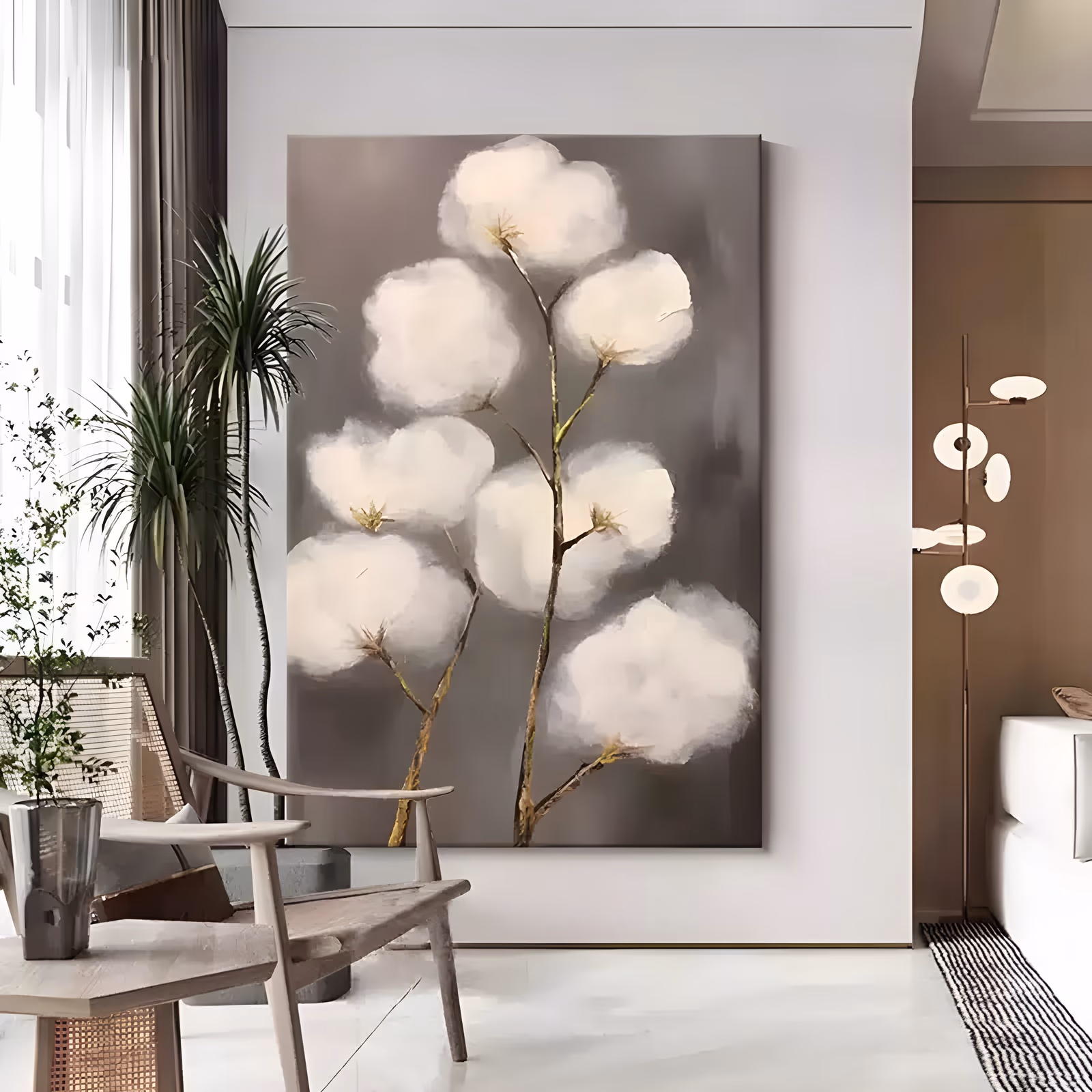 a large vertical painting of a cluster of white cotton bolls opening on slim gold-brown branches that rise up the center of a soft gray-brown ground, painted in blended oil with feathered edges