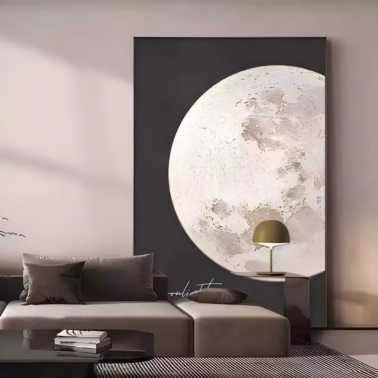 a large vertical minimalist painting of a full moon in pale gray and white, cropped by the right edge of a matte black field, its craters built up as thick raised plaster relief