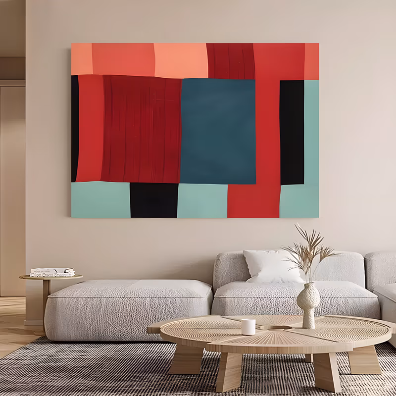 a large horizontal abstract painting of flat color blocks in crimson red, coral, teal blue, black and mint green, overlapping in hard-edged rectangles that meet at sharp vertical seams, in smooth matte acrylic