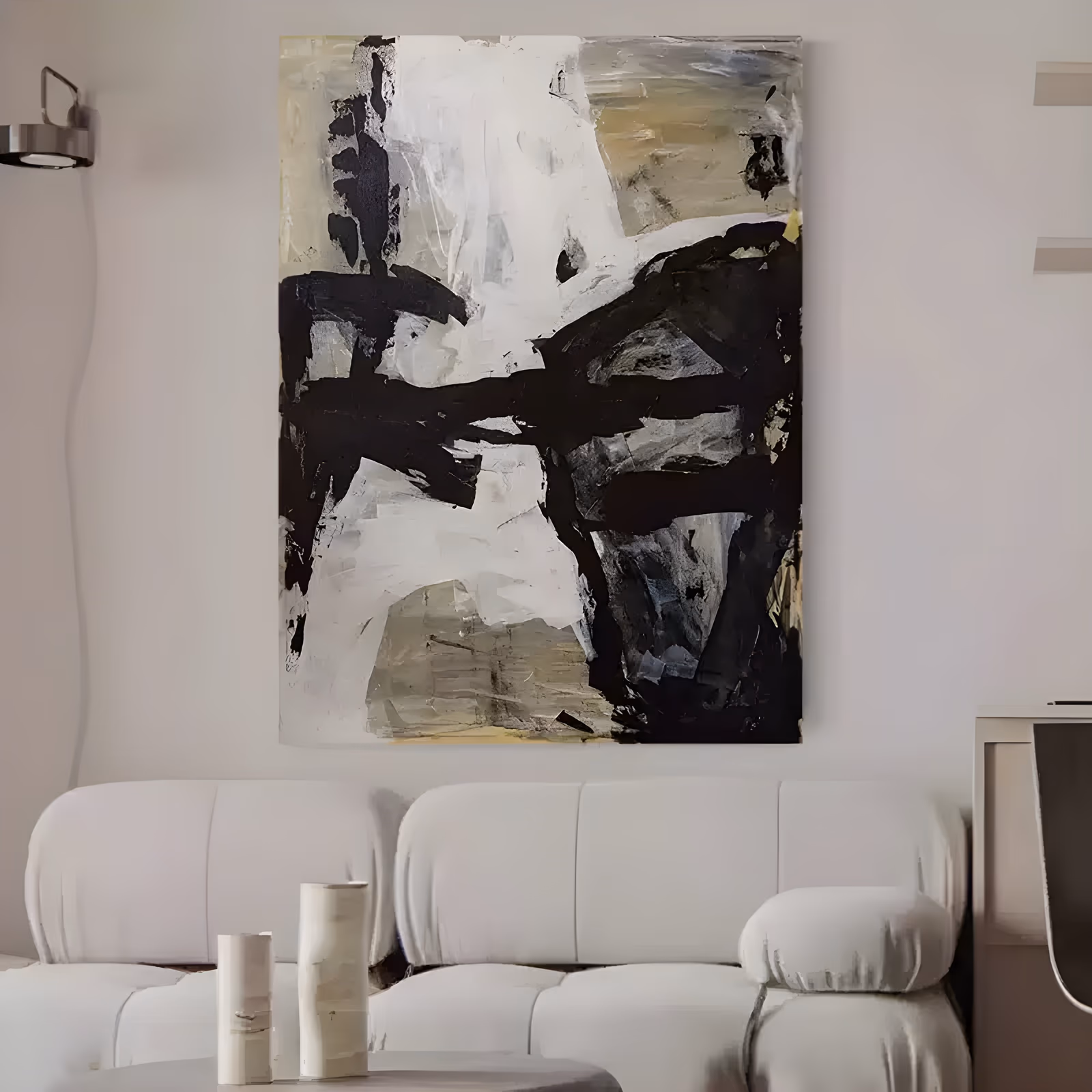 a large vertical abstract painting of thick black bars and slabs laid over cream, khaki and gray patches, with torn white shapes at the center and raw brush edges, in heavy palette-knife acrylic