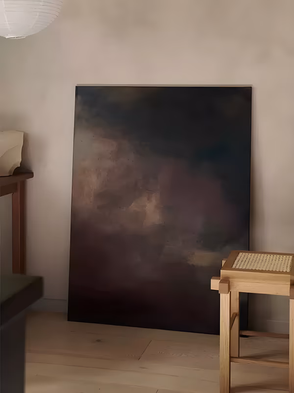 a large vertical abstract color field painting of dark plum, black and brown haze with a soft dusty mauve glow rising through the middle like storm light, in blended oil