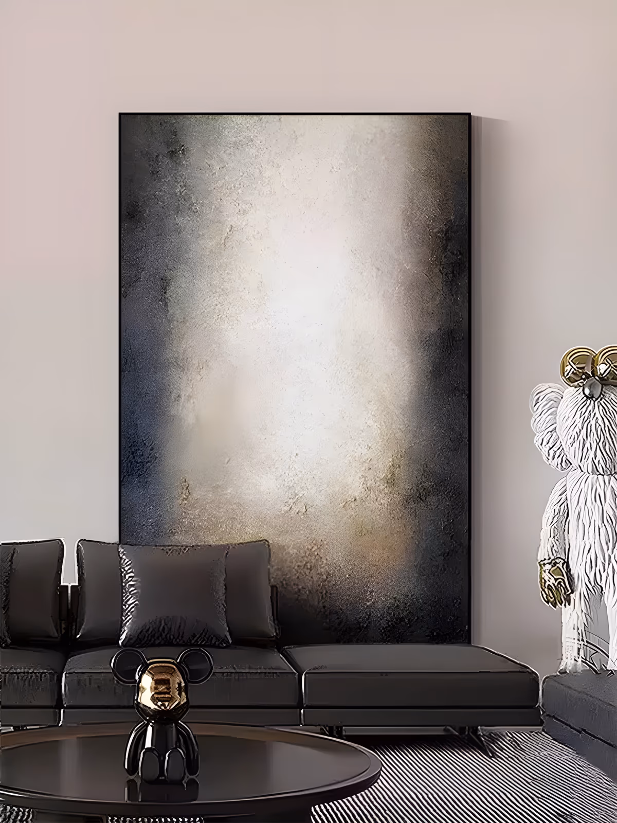 a large vertical abstract painting of a pale cream glow rising through the center of the canvas while charcoal and near-black shadow gathers at the edges, in softly sanded textured paint