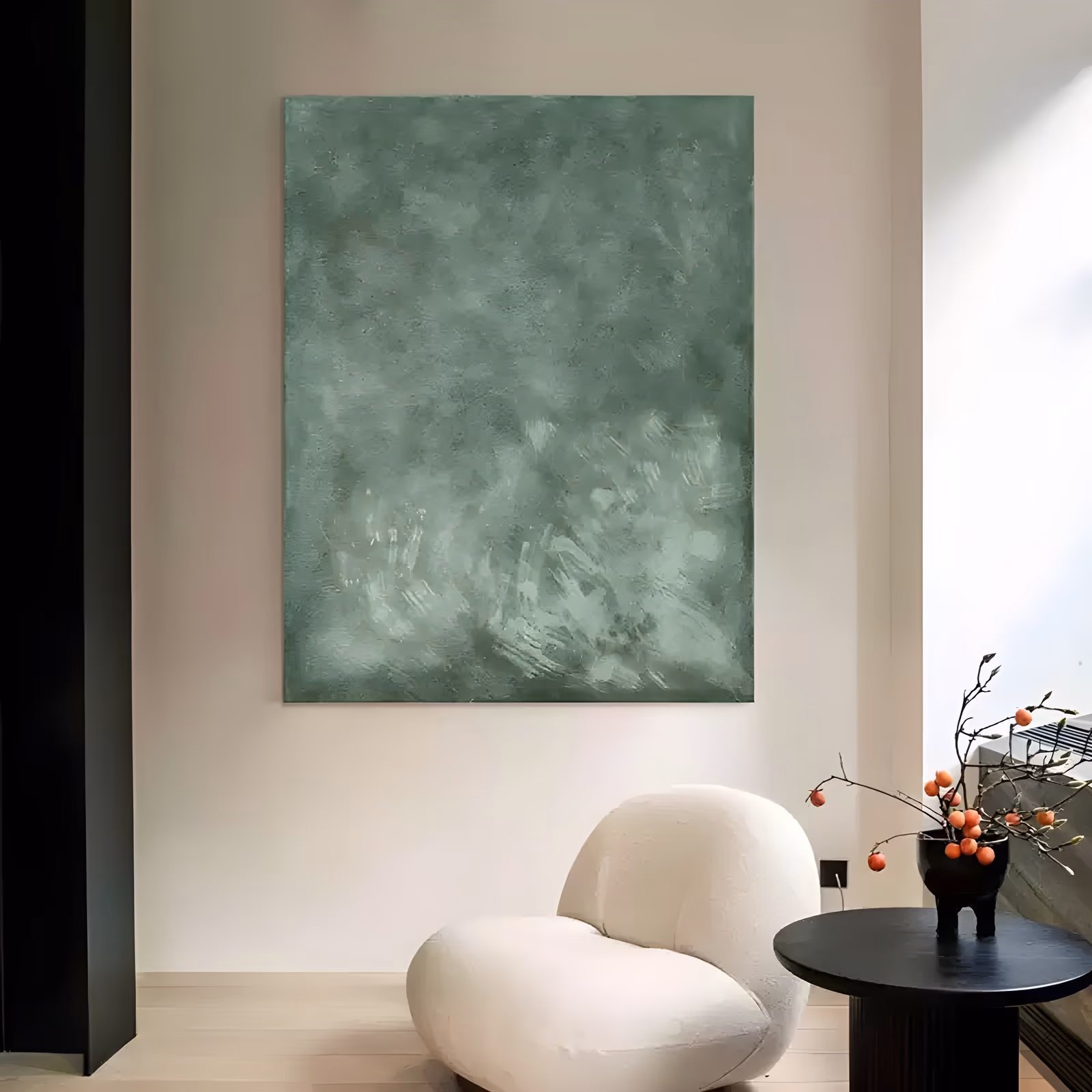 a large vertical minimalist painting of a mottled sage green plaster field with soft white brush marks low in the center of the frame, worked in matte troweled impasto with a chalky surface