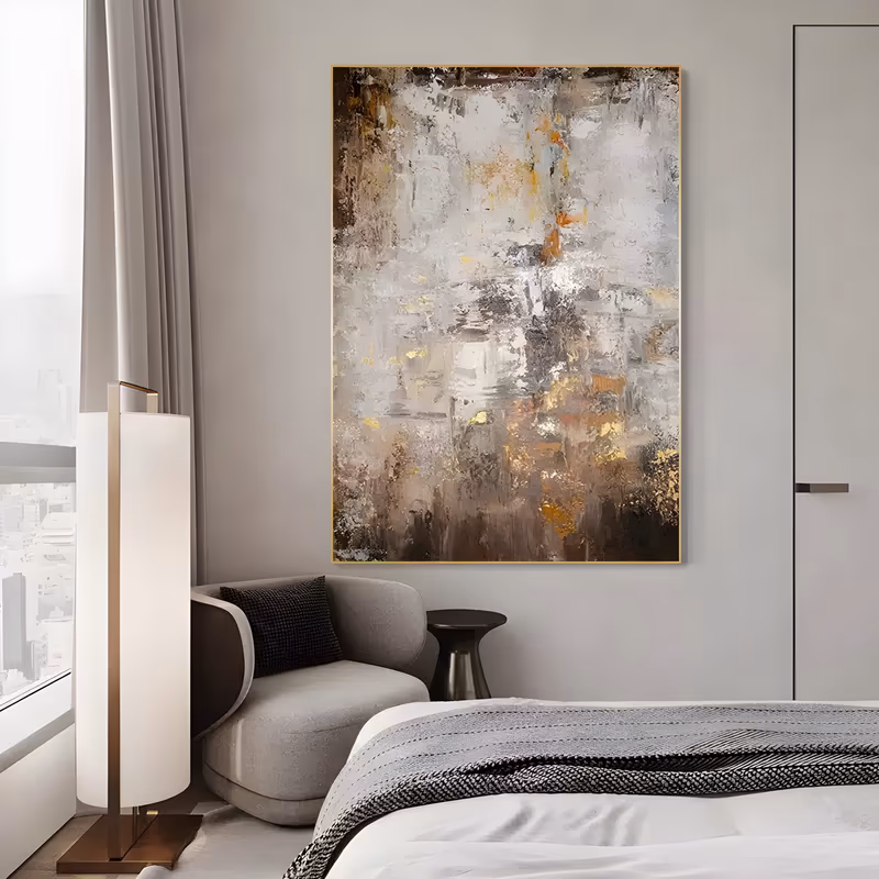 a large vertical abstract painting of layered horizontal knife strokes in white, warm gray and brown, with amber and gold glints breaking through the middle and lower half, in heavy impasto