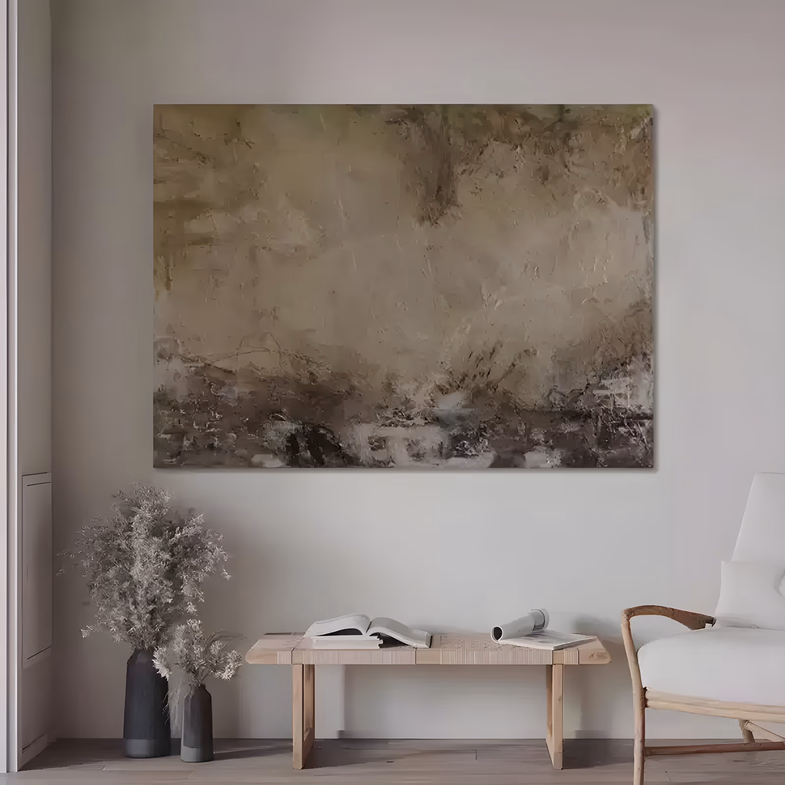 an oversized horizontal wabi-sabi painting of a weathered olive and taupe plaster field with a darker mottled brown band along the lower edge, in scraped and layered impasto