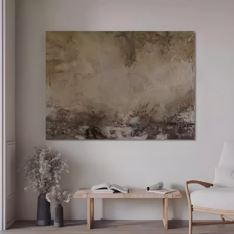an oversized horizontal wabi-sabi painting of a weathered olive and taupe plaster field with a darker mottled brown band along the lower edge, in scraped and layered impasto