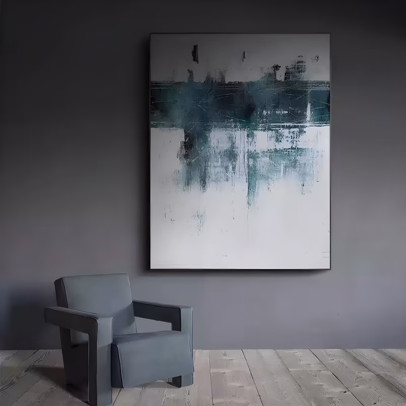 a large vertical minimalist painting of a single dark teal band spanning the upper third of a white canvas, with thin drips and scratched marks running down into the pale field below, in thin scraped acrylic