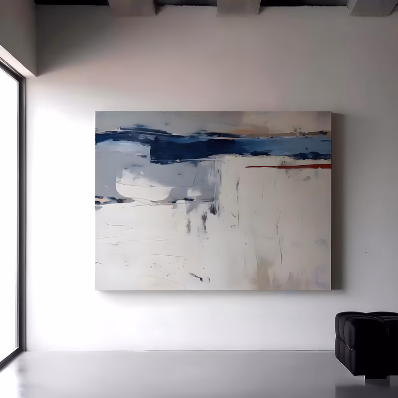 a large horizontal abstract painting of a deep navy band running along the upper third above a broad white and gray field, with a single thin red line at right, in thick palette-knife impasto