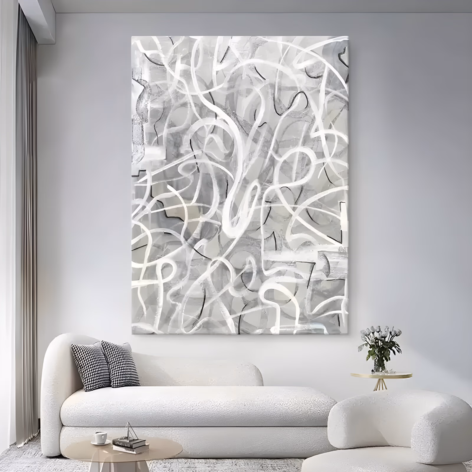 a large vertical abstract painting of thick white ribbon loops and thin black lines tangled from top to bottom over a soft gray and off-white field, in smooth hand-painted acrylic