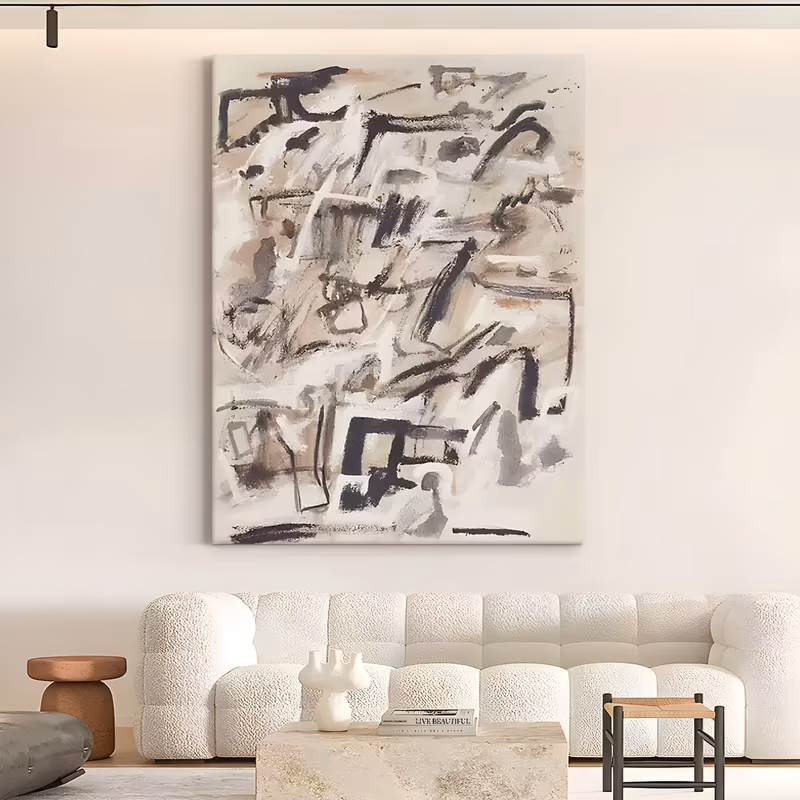 a large vertical abstract painting of dense charcoal and gray gestural marks, boxy scribbles and short bars scattered over a warm cream and taupe ground, with faint rust patches, in dry brushed oil