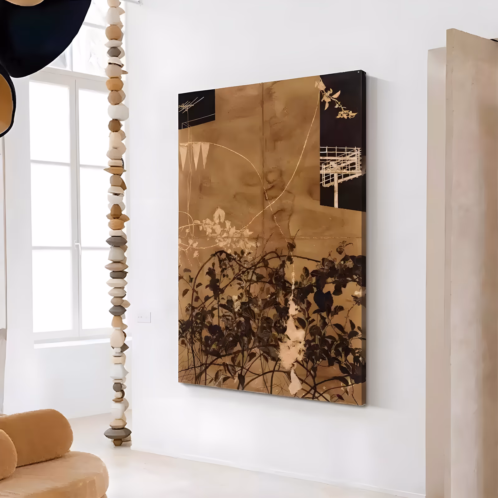 a large vertical mixed-media painting in sepia and bronze, with dark leafy branches massed along the lower half, black panels in the top corners and thin white line sketches of bunting above, in washed matte paint