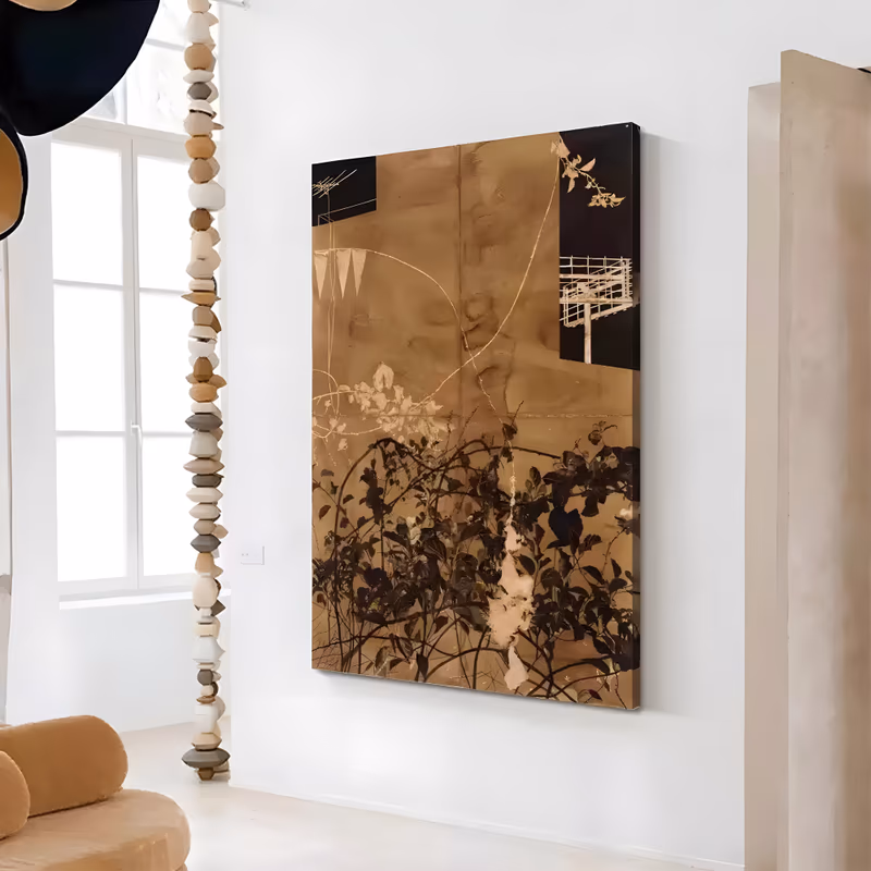 a large vertical mixed-media painting in sepia and bronze, with dark leafy branches massed along the lower half, black panels in the top corners and thin white line sketches of bunting above, in washed matte paint