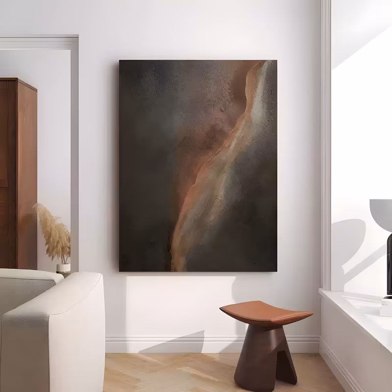 a large vertical textured painting of a dark charcoal brown grainy field with one diagonal streak of rust and pale cream light running from the top right down to the lower left, in dense impasto
