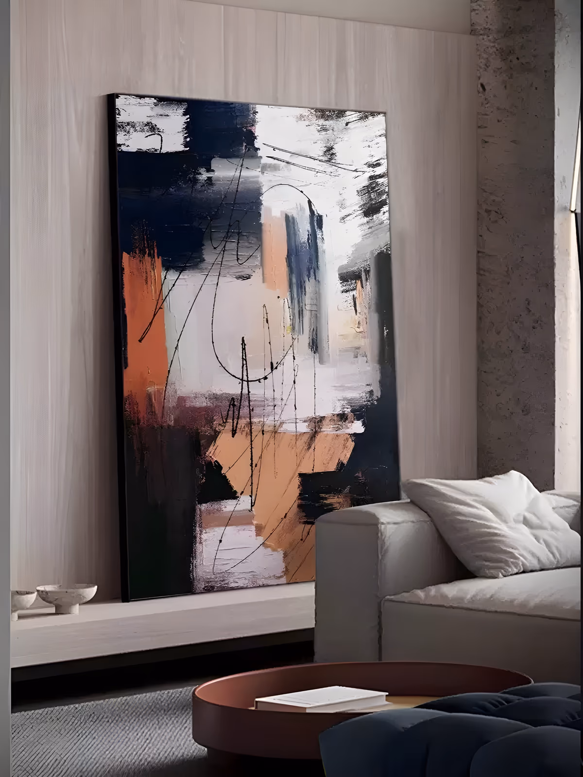 a large vertical abstract painting of navy, black, white and terracotta paint blocks stacked in loose columns, with looping black scribble lines drawn over the center, in thick palette-knife oil