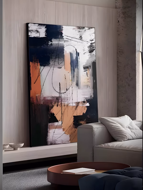 a large vertical abstract painting of navy, black, white and terracotta paint blocks stacked in loose columns, with looping black scribble lines drawn over the center, in thick palette-knife oil