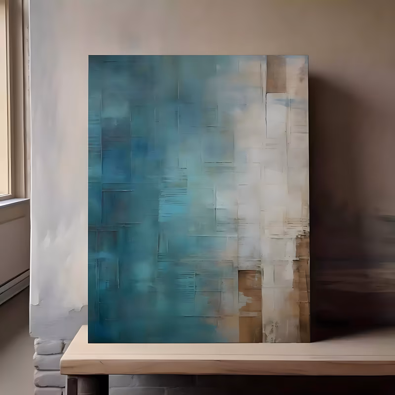 a large vertical abstract painting of a turquoise and teal field dissolving into cream and tan rectangular blocks down the right side, with a scratched grid of lines raked into thick weathered paint
