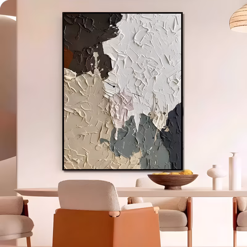 a large vertical impasto painting of broad knife-laid blocks, dark brown at the top left, thick white at the right, cream at the lower left and a sage gray-green wedge below, with a small pale pink patch