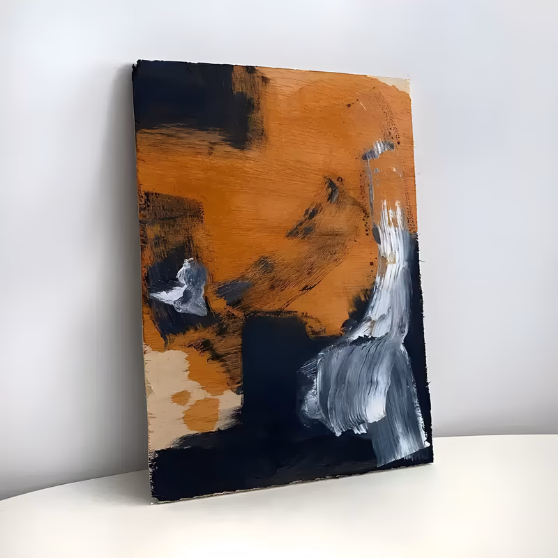 a large vertical abstract painting on a raw orange-brown wood panel, with deep black blocks in the upper left and lower half and two thick gray-white brushstrokes down the right edge, in heavy dry oil