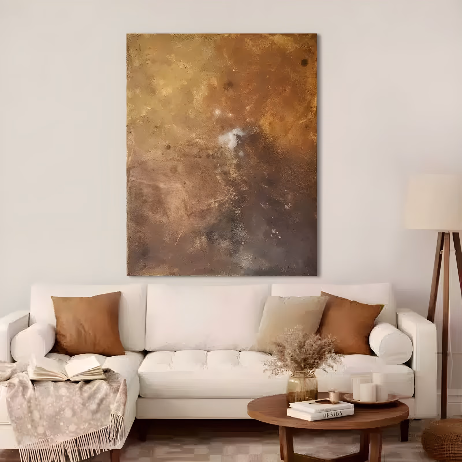 a large vertical abstract painting of a mottled amber and ochre field darkening to brown and charcoal at the base, a small pale white cloud near the center, surface pitted like aged metal, in thin dry paint